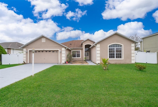 ranch-style home featuring a garage and a front yard