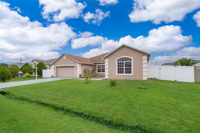 single story home featuring a front lawn and a garage