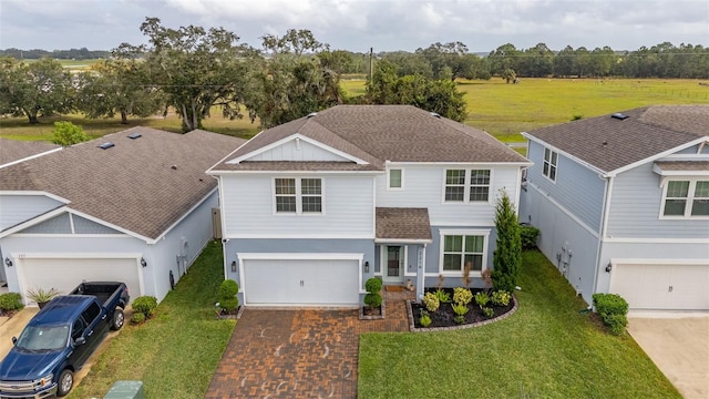 view of front of home featuring a front yard and a garage