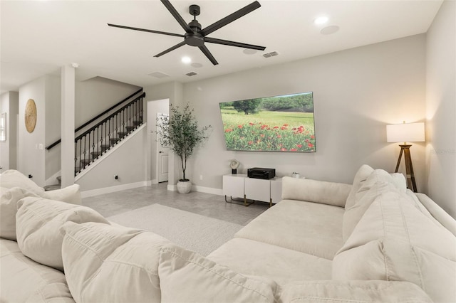 living room featuring ceiling fan