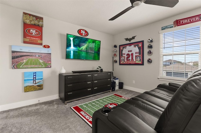 living room featuring light colored carpet and ceiling fan