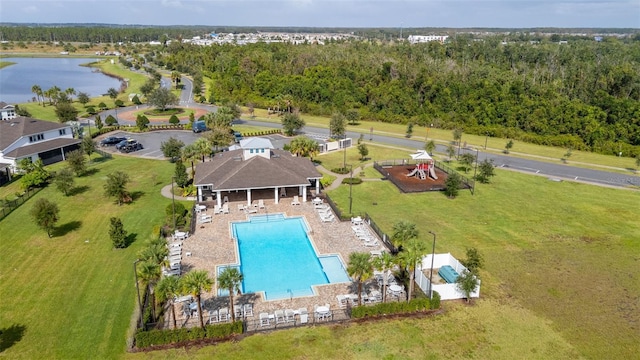 drone / aerial view with a water view