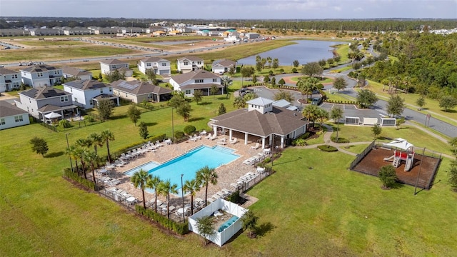 drone / aerial view featuring a water view