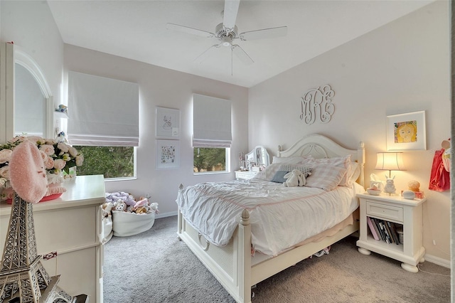 carpeted bedroom featuring ceiling fan