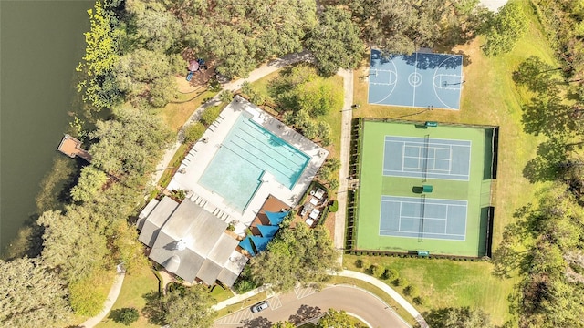 aerial view featuring a water view