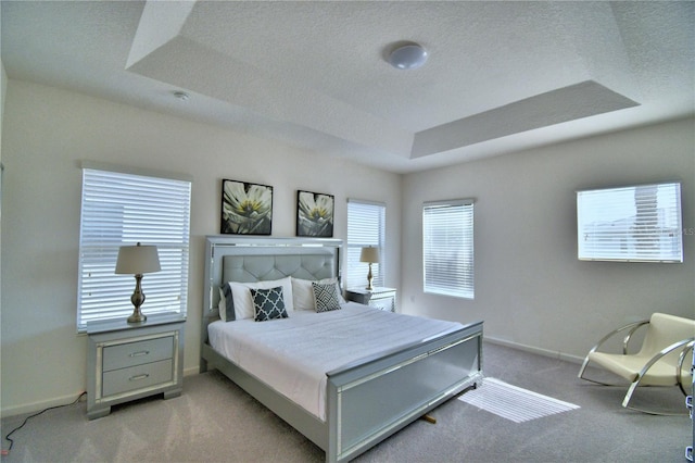 bedroom with light colored carpet and a raised ceiling