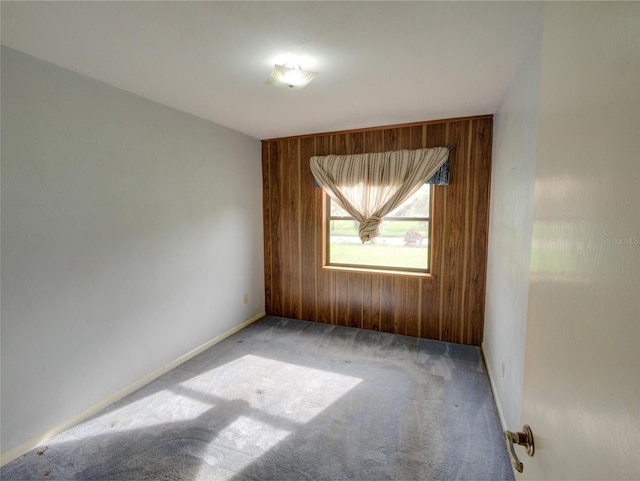 carpeted empty room with wooden walls