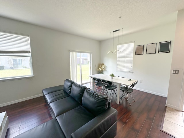 living room with a textured ceiling and dark hardwood / wood-style flooring