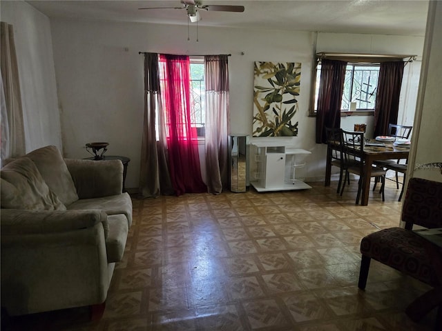 living room featuring ceiling fan