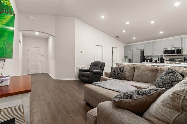 living room featuring dark wood-type flooring and high vaulted ceiling