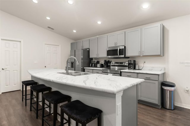 kitchen featuring gray cabinets, an island with sink, and stainless steel appliances