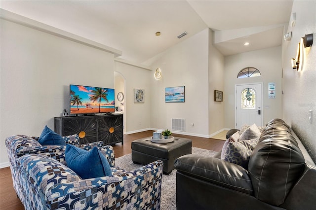 living room featuring hardwood / wood-style flooring and lofted ceiling