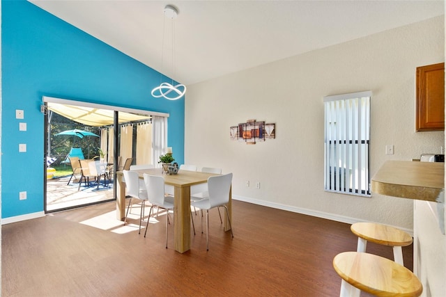 dining space featuring lofted ceiling and hardwood / wood-style flooring