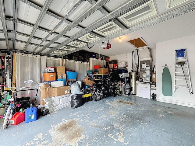 garage featuring electric water heater, a garage door opener, and heating unit