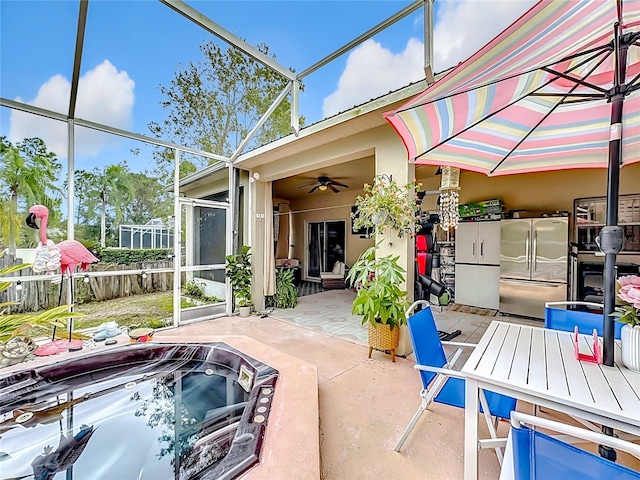 exterior space featuring ceiling fan