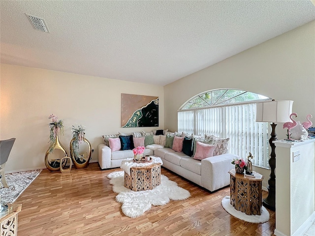 living room featuring a textured ceiling and light hardwood / wood-style flooring