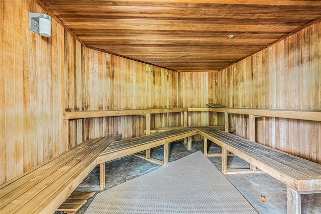 view of sauna with wooden walls and wooden ceiling