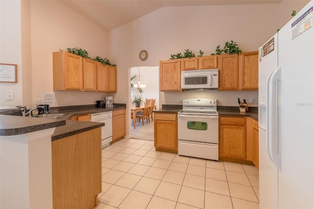 kitchen with kitchen peninsula, sink, high vaulted ceiling, light tile patterned flooring, and white appliances