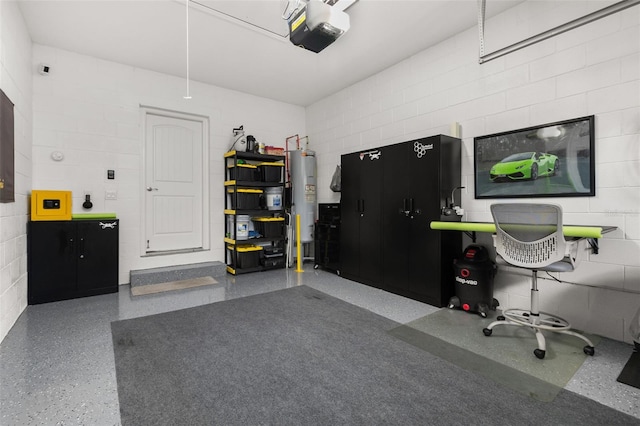 garage featuring a garage door opener and water heater