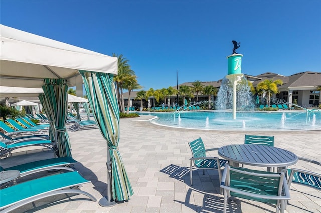 view of swimming pool featuring pool water feature