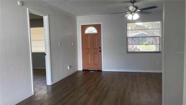 foyer entrance with a textured ceiling, dark wood-type flooring, ceiling fan, and a healthy amount of sunlight