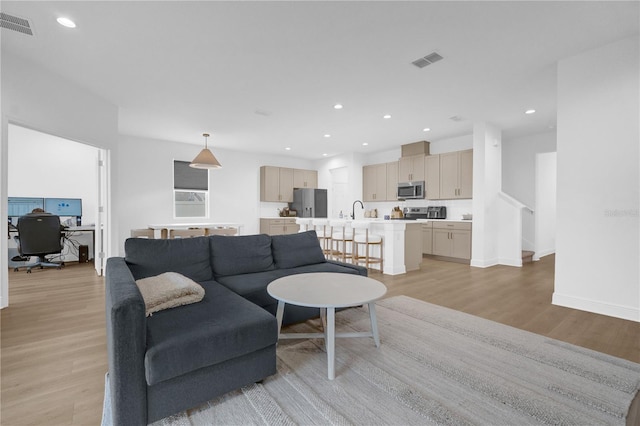 living room featuring sink and light hardwood / wood-style flooring