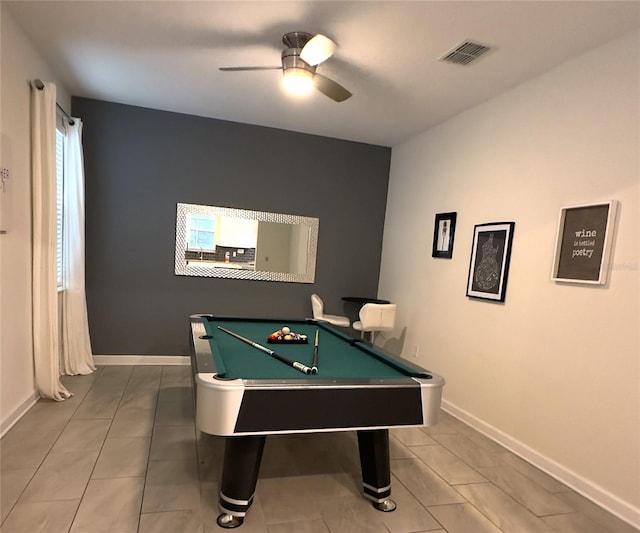 rec room with tile patterned floors, ceiling fan, and billiards