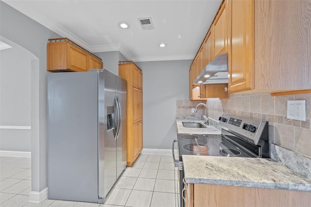 kitchen with extractor fan, appliances with stainless steel finishes, sink, and light tile patterned floors