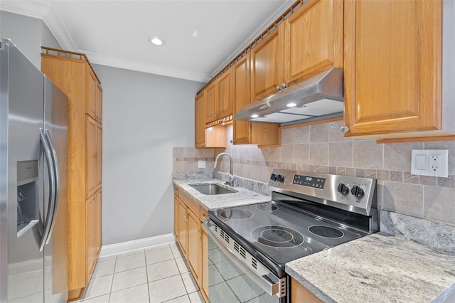 kitchen featuring stainless steel appliances, sink, tasteful backsplash, light tile patterned flooring, and light stone countertops