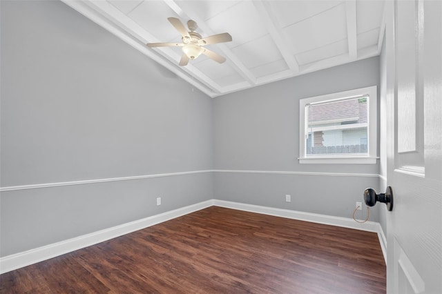 unfurnished room featuring lofted ceiling with beams, ceiling fan, and dark hardwood / wood-style flooring