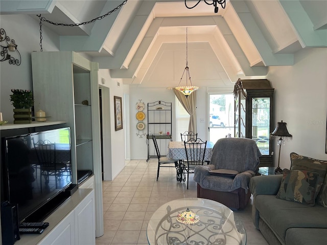 tiled living room featuring vaulted ceiling