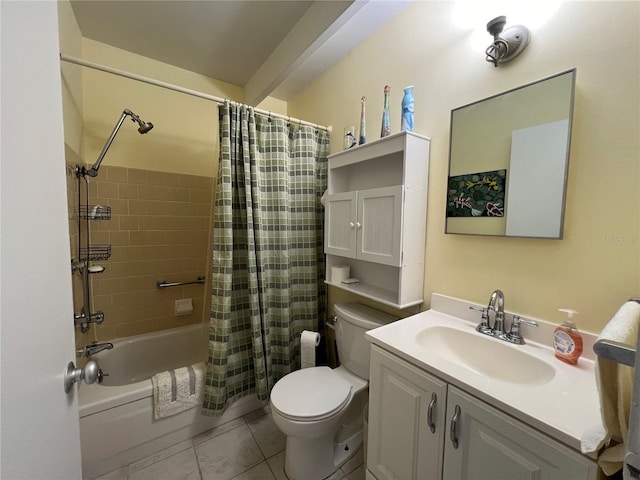 full bathroom with tile patterned flooring, vanity, shower / bath combo, and toilet