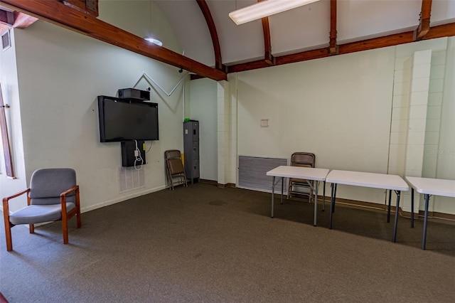 interior space featuring dark colored carpet