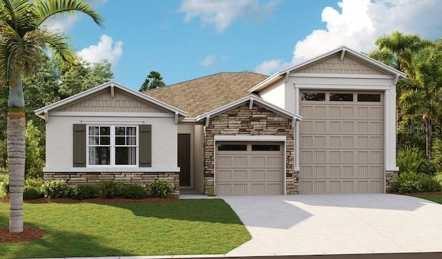 craftsman house with stone siding, a garage, concrete driveway, and a front yard