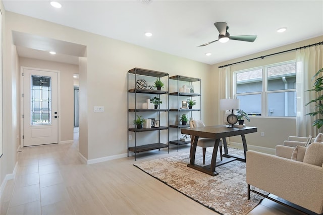office area with a ceiling fan, plenty of natural light, baseboards, and recessed lighting