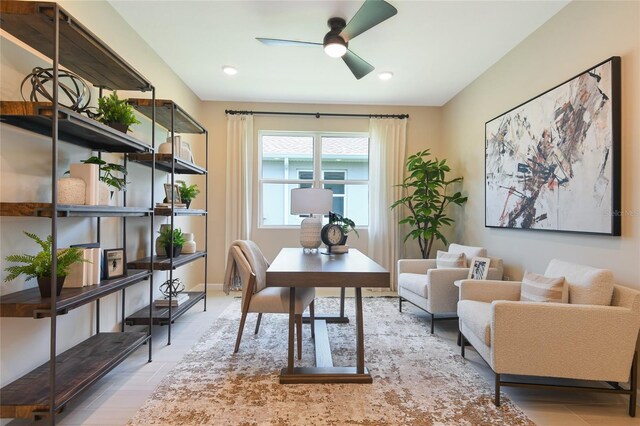 office with a ceiling fan and recessed lighting