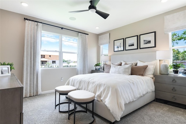 bedroom with carpet floors, recessed lighting, a ceiling fan, and baseboards