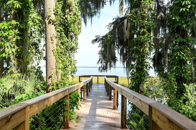 view of dock with a water view