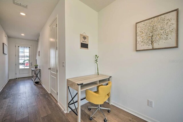 office area with dark hardwood / wood-style flooring