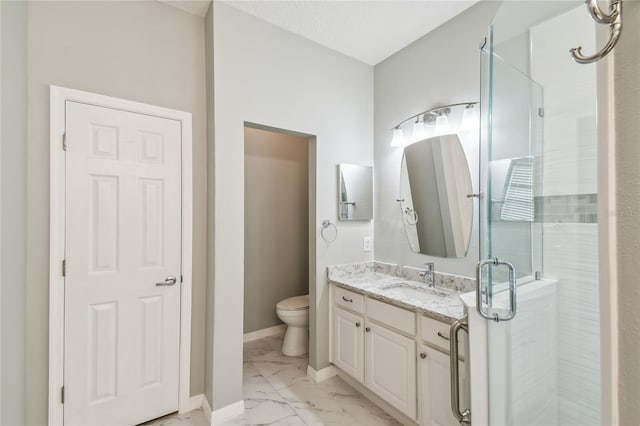 540 Genoa Dr, Poinciana, FL 34759 - full bathroom featuring marble finish floors, vanity, a stall shower, toilet, and baseboards