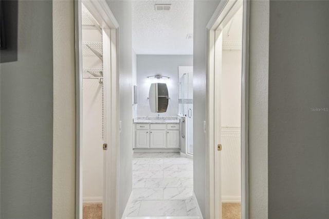 hallway featuring sink and a textured ceiling