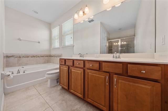 full bathroom with independent shower and bath, tile patterned flooring, vanity, and toilet