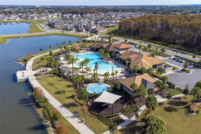 drone / aerial view with a water view