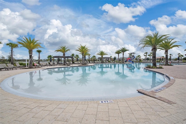 view of swimming pool featuring a patio