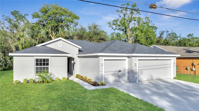 ranch-style home featuring a front lawn and a garage