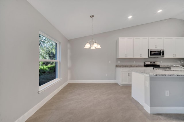 kitchen with light stone counters, stainless steel appliances, white cabinets, hanging light fixtures, and lofted ceiling