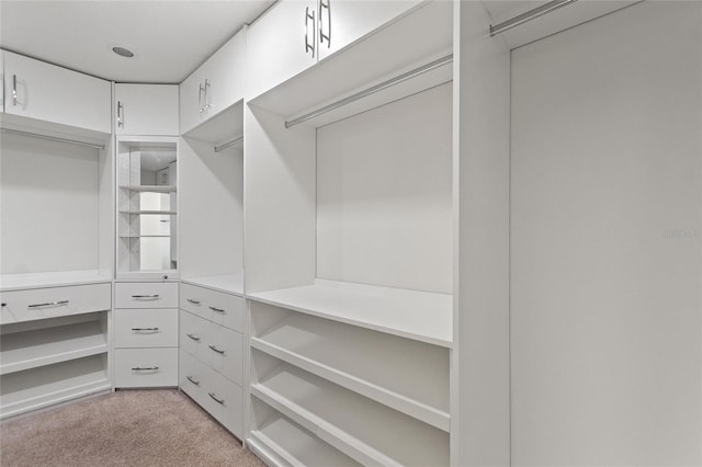 walk in closet featuring light carpet