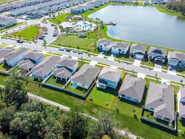 drone / aerial view featuring a water view