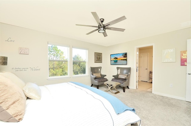 bedroom featuring ceiling fan and light colored carpet