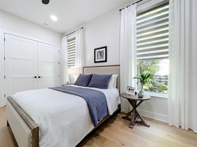 bedroom featuring wood-type flooring and a closet